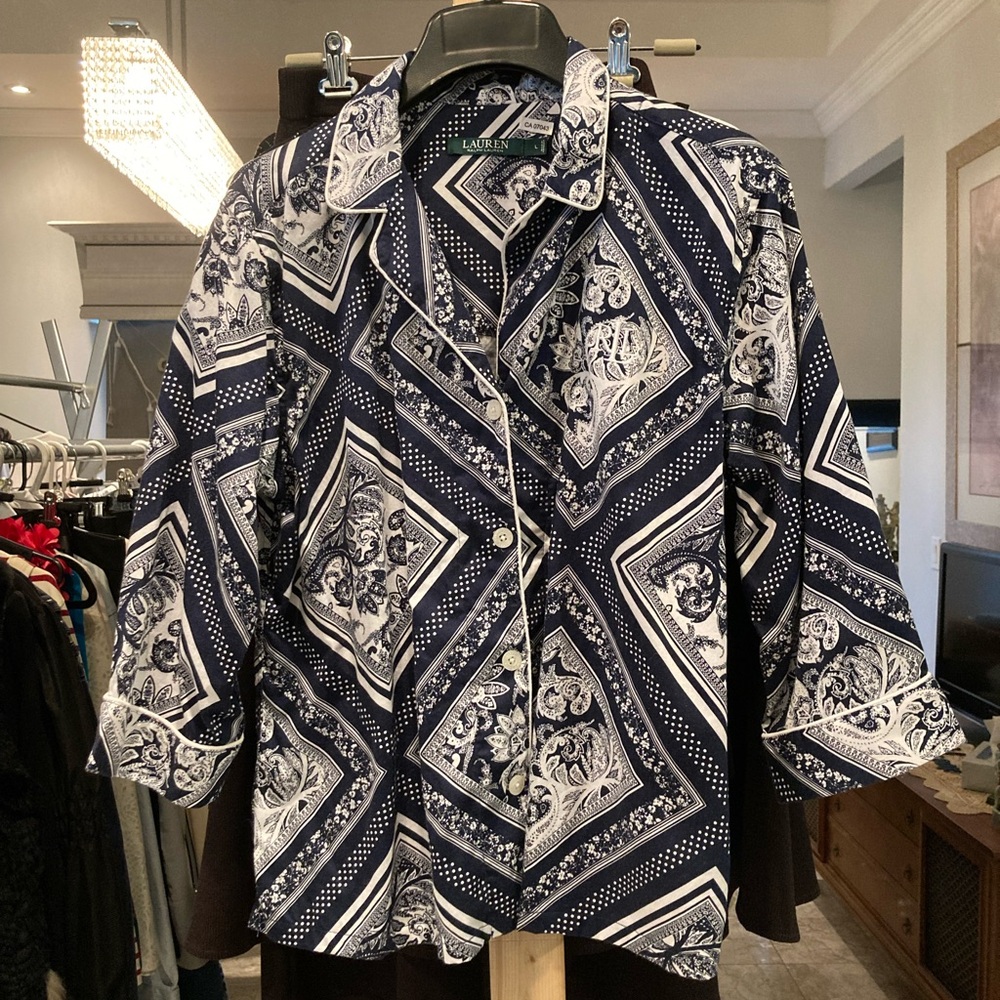 Ralph Lauren Large Navy and White Patterned Button Up Shirt